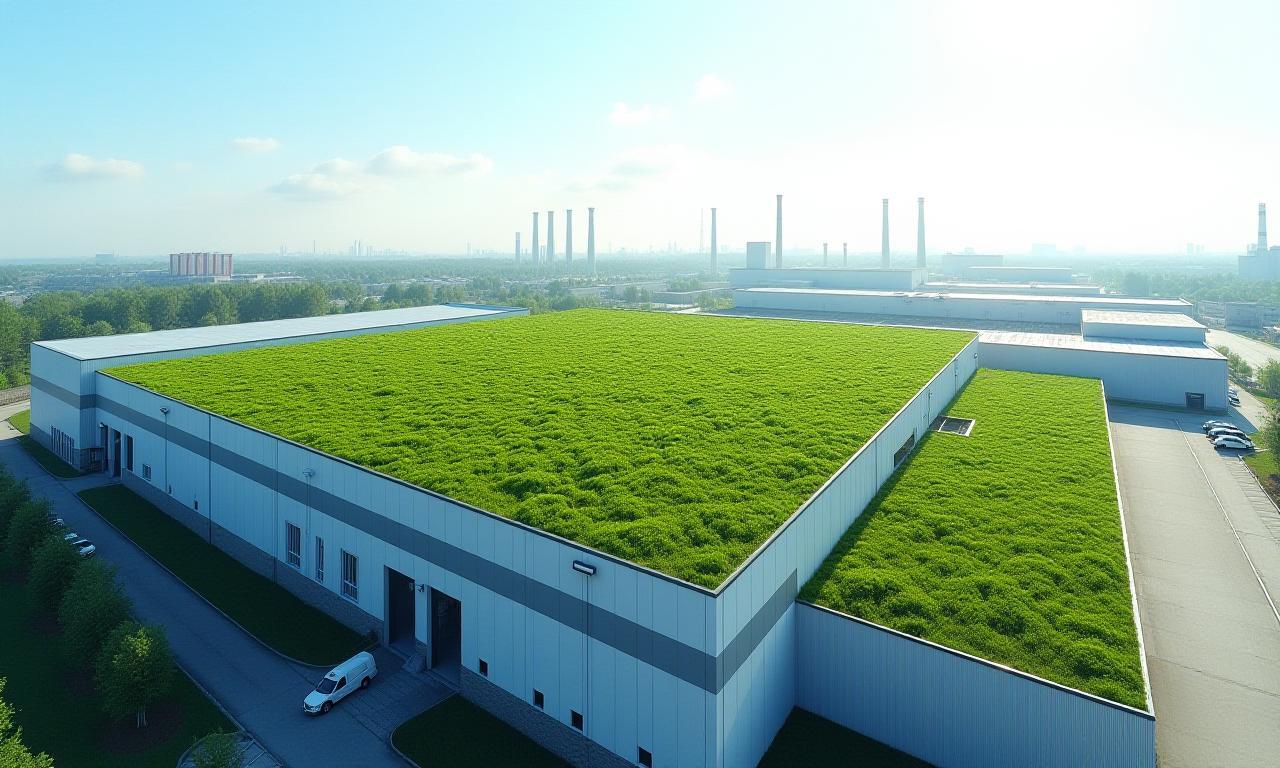 Manufacturing plant building with a large green roof