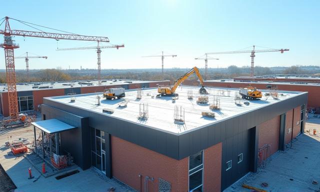 New commercial building construction roof installation