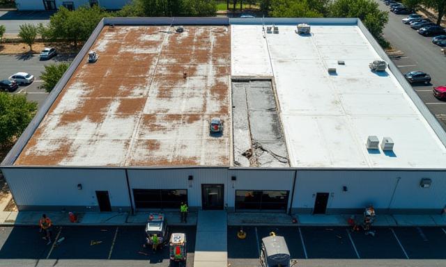 Old roof being removed and new roof installed on a commercial building
